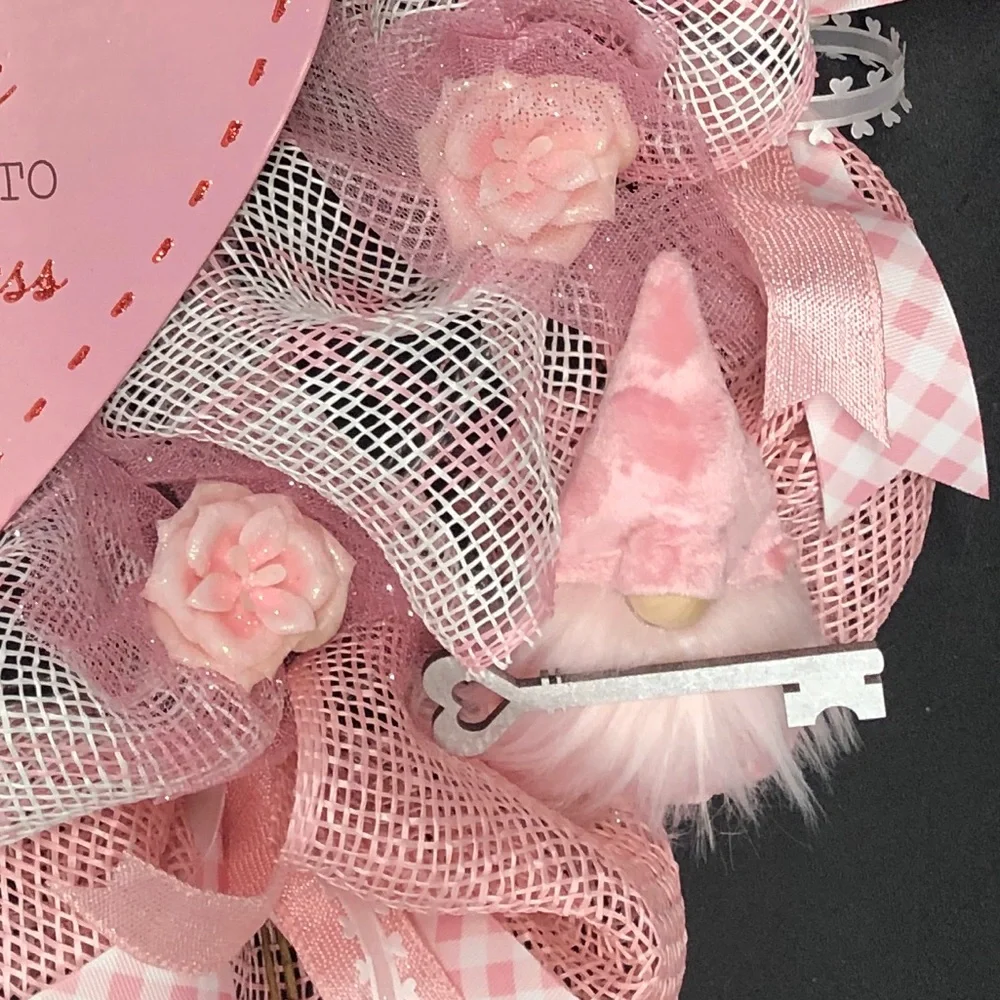 Gnome Wreath Valentines Love is the Key to Happiness Hearts Roses Ribbons